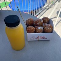 Fritule with crème brûlée sauce and fresh juice (orange, apple and pineapple)    at Jaya in Tucepi
