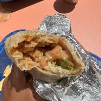Inside of vegan Al pastor burrito   at Tlaloc Sabor Mexicano in San Francisco