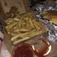 Fries, popcorn chicken, and burger  at Lord of the Fries in Sydney