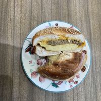 Egg, sausage, cheese (all vegan!) On a bagel, plated at home  at Gables Bagels in Bloomington