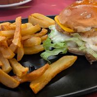 "chicken" burger with a pickle aioli and cheese. 
I did triple check that everything was vegan.  at Pa amb Tomàquet i in Calella