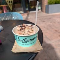 Vegan chocolate drizzle over strawberry shortcake and banana pudding ice cream at Van Leeuwen Ice Cream in Denver
