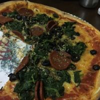Pepperoni, olives, spinach at Express Pizza in Copenhagen