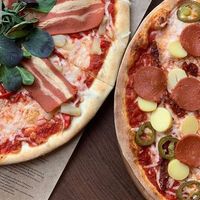 Vegan bacon and peperoni pizza. at Express Pizza in Copenhagen