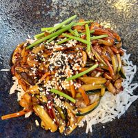 Stir fried veg and nuts with rice   at Misters Biskvīts in Sigulda