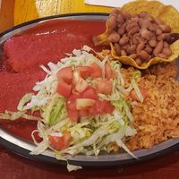 Vrgan tamales, rice, pinto beans at Posa's Tamale Factory & Restaurant in Santa Fe