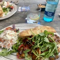 Heura vegan foccacia sandwich, served with a side salad.   at Eleven in Moraira