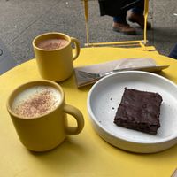 Vegan lattes (chai and turmeric) + vegan brownie at Isle of Us in New York City