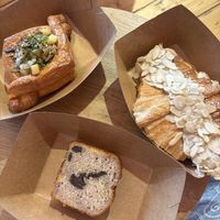 Top left is potato and leek, right is almond croissant and bottom is chocolate banana bread    at Twist Artisan Bakery in Dublin