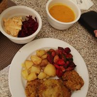 Delicious cauliflower karbanátky😄and the soup was great as well at Lucky's Vege Bistro in Trebic