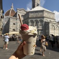 Chocolate vegan milkshake with vegan cream and vegan macaron raspberry   at Amorino - Firenze Cerretani in Florence