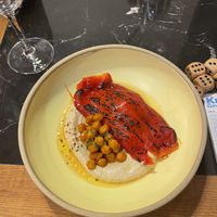 Rosted bell pepper, hummus, chickpeas and some sesame seeds  at La Terrasse des Carmes in Saint-thome