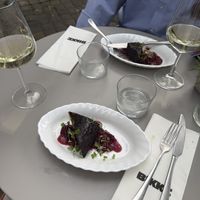 Brownie met rabarber als dessert  at BIKKE in Maastricht