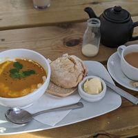 Soup (vegan cream and butter) and tea with soya. at The Bookcafe in Belper