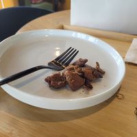 Sample of the gyro meat. Great flavor. at Just Falafel Vegan Cafe in Houston