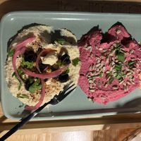 Red Pepper Hummus & Beet Hummus🩷 #Veganuary at Just Falafel Vegan Cafe in Houston