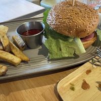 Gyro burger with masala fries   at Just Falafel Vegan Cafe in Houston