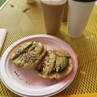 Vegan avocado toast, smoothie (reminds me of an orange Julius), and “Mexican” coffee veganized  at Sips in Miranda