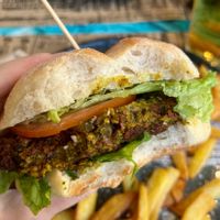Vegan burger with falafel cutlet and fried potatoes.  at Maus Food & Drinks in Oviedo