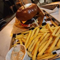 Bacon bbq vegan burger with fries + truffle mayo at Teddy's Burger N' Bar in Warsaw