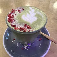 White chocolate matcha with dried raspberry flakes  at Kiss the Koala in North London