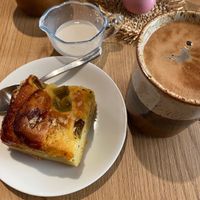 Rhubarb-lemon cake & americano and oat milk at Queen Beans in Uppsala