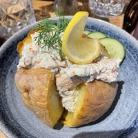 Skagenröra baked potato  at Queen Beans in Uppsala