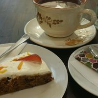 Carrot cake and cappucino at Szelence Cafe in Budapest