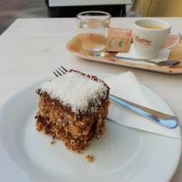 Bounty cake and espresso at Szelence Cafe in Budapest
