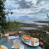 tomato & basil soup with iced coffee  at Crail Harbour Gallery  in Crail