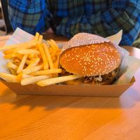Spicy mushroom burger and fries at Everdale Cafe & Gelato in Springvale