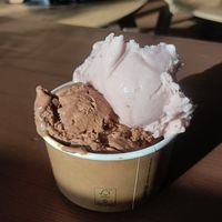 'dubai choc' and strawberry cream (yum) at Everdale Cafe & Gelato in Springvale