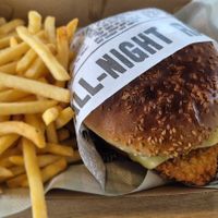 Crispy Chick'n Burger and fries at Everdale Cafe & Gelato in Springvale