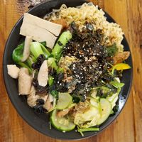 My HUGE bowl of delicious noodles, tofu, mock meats and vegetables at Vege Creek 蔬河 - Yanji St in Taipei