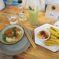 Wonton soup, sweet potato fries and green smoothie at The Seeds Plant-Based Foods & Desserts in Hoi An