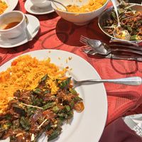 Beautiful rice with fruity hits in, bindi masala with fresh ginger slivers on top- lovely  at Mother India in Kota Kinabalu