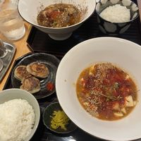 Red (foreground) black sesame (background) and gyoza  at tsuminaki Mapo Tofu - 罪無き麻婆豆腐 in Tokyo
