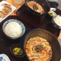 White sesame vegan Mapo Tofu with rice at Tsuminaki Mapo Tofu - 罪無き麻婆豆腐 in Tokyo