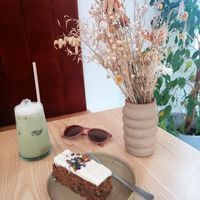 Carrot cake and iced oat matcha at Kilnfolk Coffee in Sheffield
