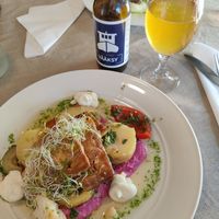 Ginger&chili tofu with potatoes, vegetables, chimichurri, and beetroot hummus at Kanavan Kruunu in Vaaksy