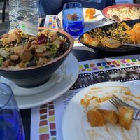 Mushroom spaghetti and salad with fake chicken (the best fake chicken I’ve had)  at Eiffel Restaurante in Madrid