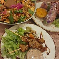 Jackfruit nachos, 'chicken' satay and spring rolls at Monkey Mood in Capbreton