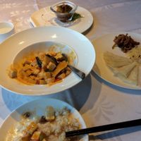The Mapu  Dofu with fake fishy slices, bowl of rice, and complimentary appitizers.  at Hetian Xinyu - Lotus Vegetarian in Dalian