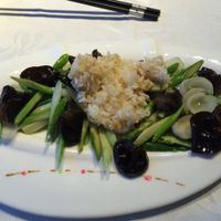 My main dish - Asparagus, Edible Fungus and Lily Roots.  Very interesting. at Hetian Xinyu - Lotus Vegetarian in Dalian
