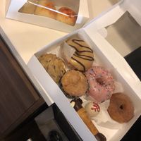 Kolaches from the previous picture + Doughnuts (Maple Glaze, Strawberry Glaze, Cinnamon Sugar), a Chocolate Chip Cookie, a Lemon Poppyseed Muffin, a Cake Ball, & a Cannoli  at Reverie Bakeshop in Richardson