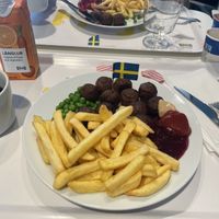 Plant base meatballs with fries and lingonberry sauce.   at IKEA in Haparanda