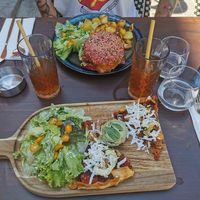 Burger with potatoes and vegetable tart with basil sorbet. at Vertueux in Agde
