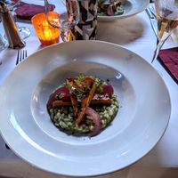 Main: Risotto perfumed with truffle oil, celeriac and nutmeg tofu at Aux Trois Maries in Lyon