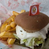 Vegan Krusty burger meal at Krusty Burger in Universal City