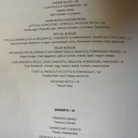 Dinner menu showing vegan burger  at Terrazza Danieli in Venice